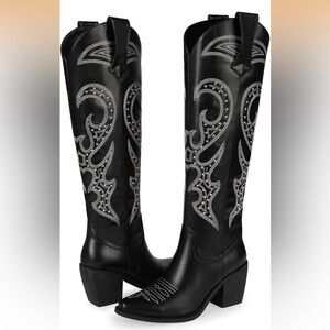 Embellished Black Knee-High Boots